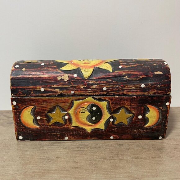 Vintage Celestial Wooden Box Sun, Moon & Stars Yin-Yang 1990s Home Decor - Picture 1 of 8